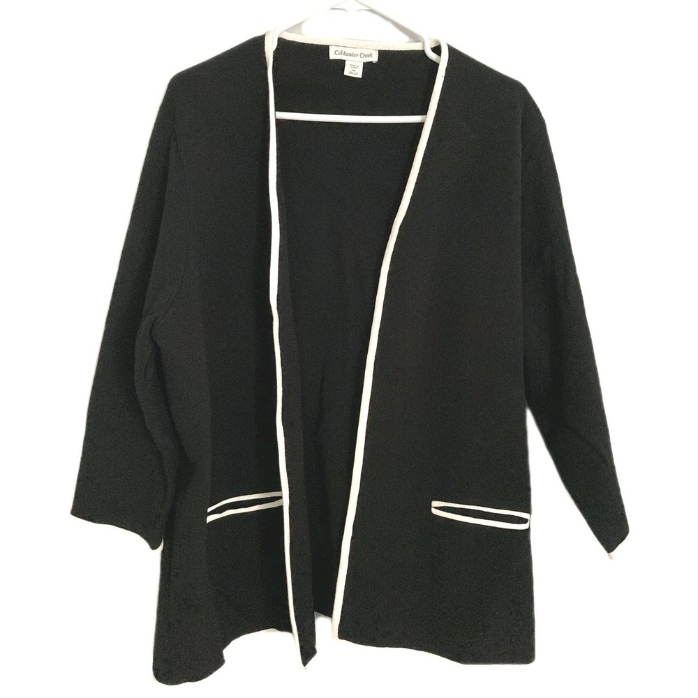 Coldwater Creek Cardigan Sweater Women 2X Black Open Front Trim Pockets Knit